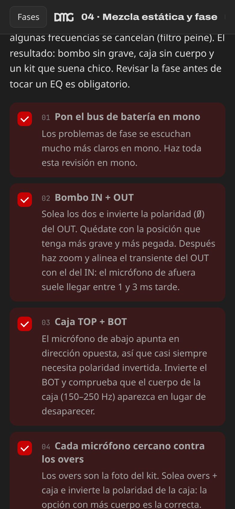 Checklist de la fase de mezcla estática en el celular
